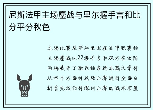 尼斯法甲主场鏖战与里尔握手言和比分平分秋色